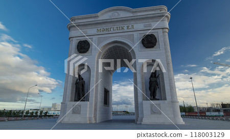 Triumphal arch timelapse hyperlapse and the central part of the city in Astana, Kazakhstan. 118003129