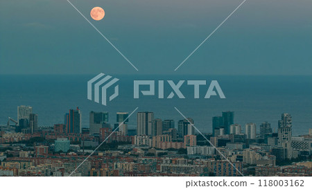 View of Barcelona skyline timelapse, the Mediterranean sea and buildings from Bunkers Carmel. Catalonia, Spain. 118003162