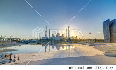 Sheikh Zayed Grand Mosque in Abu Dhabi at sunset timelapse, UAE 118003256