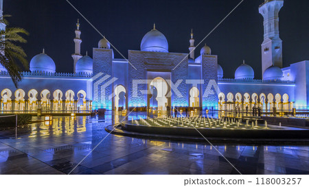 Sheikh Zayed Grand Mosque illuminated at night timelapse hyperlapse, Abu Dhabi, UAE. 118003257