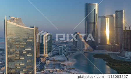 Buildings on Al Reem island in Abu Dhabi timelapse from above. 118003267