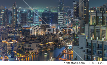 Amazing aerial view of Dubai downtown skyscrapers night timelapse, Dubai, United Arab Emirates 118003356