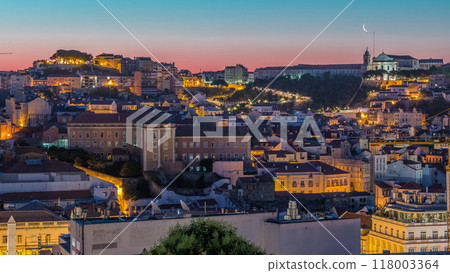 Lisbon aerial cityscape skyline night to day timelapse from viewpoint of St. Peter of Alcantara, Portugal Lisbon aerial cityscape skyline night to day timelapse from viewpoint of St. Peter of Alcantara, Portugal 118003364