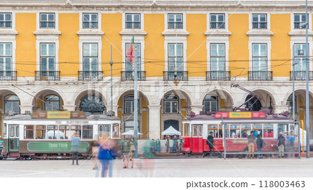 Lisbon old tram on the way to Commerce Square in old town timelapse. Lisbon old tram on the way to Commerce Square in old town timelapse. 118003463