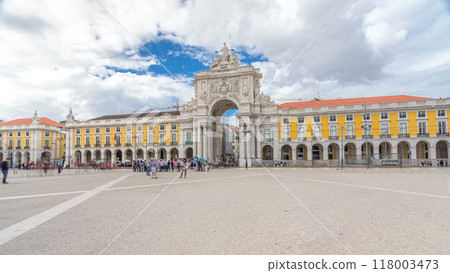 Triumphal arch at Rua Augusta at Commerce square timelapse hyperlapse in Lisbon, Portugal. Triumphal arch at Rua Augusta at Commerce square timelapse hyperlapse in Lisbon, Portugal. 118003473