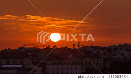 Lisbon at sunset aerial skyline of city centre with red roofs at Autumn evening timelapse, Portugal 118003484