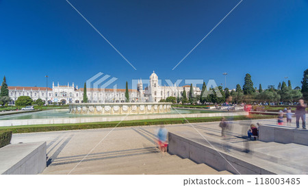 Jeronimos monastery and fountain seen from the Imperio garden timelapse hyperlapse in Lisbon, Portugal. 118003485