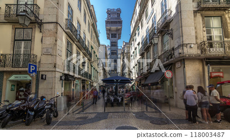 Santa Justa Elevator timelapse hyperlapse in Lisbon, Portugal. 118003487