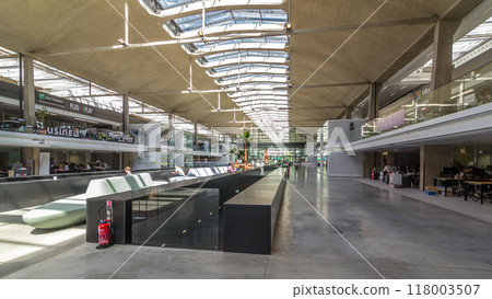 Inside of the Halle Freyssinet timelapse hyperlapse, a former train depot building in Paris. 118003507