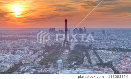 Panorama of Paris at sunset timelapse. Eiffel tower view from montparnasse building in Paris - France 118003554