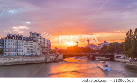 Le Pont D'Arcole bridge at sunset with people and boats timelapse, Paris, France, Europe Le Pont D'Arcole bridge at sunset with people and boats timelapse, Paris, France, Europe 118003566