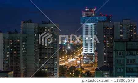 Night Moscow cityscape from rooftop timelapse. Residential buildings at night. Night view from the roof Night Moscow cityscape from rooftop timelapse. Residential buildings at night. Night view from the roof 118003579