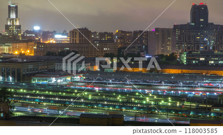 Evening top view of three railway stations night timelapse at the Komsomolskaya square in Moscow, Russia 118003585