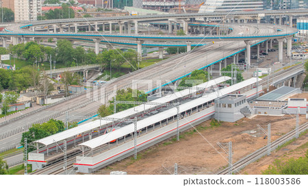 Small Ring of the Moscow Railways timelapse in Moscow, Russia. Shelepikha Station 118003586