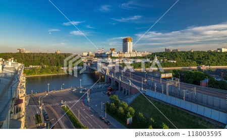 Evening view at the Russian Academy of Sciences timelapse and Novoandreevsky Bridge over the Moscow River. 118003595
