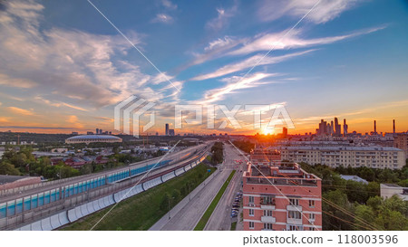 The Third Ring Road at sunset timelapse aerial view from rooftop. Moscow, Russia. 118003596