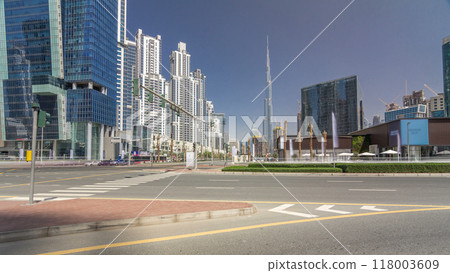 Panoramic timelapse hyperlapse view of business bay and downtown area of Dubai 118003609