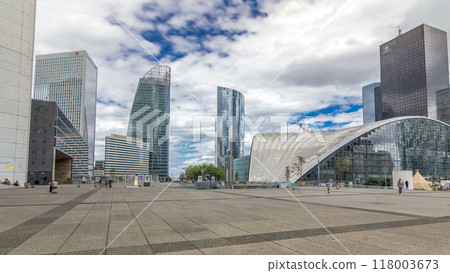 Skyscrapers of Defense timelapse hyperlapse modern business and financial district in Paris with highrise buildings and convention center Skyscrapers of Defense timelapse hyperlapse modern business and financial district in Paris with highrise buildings and convention center 118003673