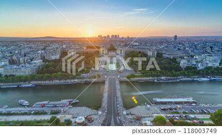 Sunset over Trocadero timelapse with the Palais de Chaillot seen from the Eiffel Tower in Paris, France. 118003749