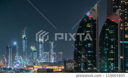 Dubai downtown architecture at night timelapse. Aerial view of numerous skyscrapers near Sheikh Zayed road. 118003805