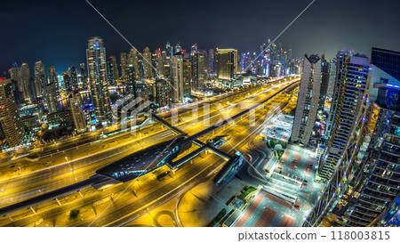 Aerial top view at night timelapse of Dubai Marina and JBR in Dubai, UAE 118003815