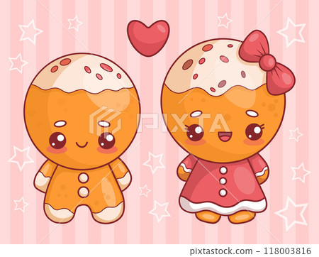 Cute Christmas romantic gingerbread man and girl in red dress with heart. Isolated traditional holiday sweet kawaii cartoon characters on pink background. Vector illustration Cute Christmas romantic gingerbread man and girl in red dress with heart. Isolated traditional holiday sweet kawaii cartoon characters on pink background. Vector illustration 118003816