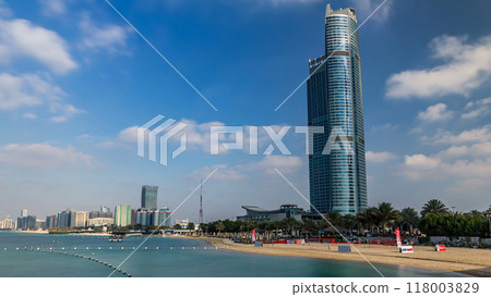 Cityscape of Abu Dhabi timelapse hyperlapse at Persian Gulf, UAE. 118003829