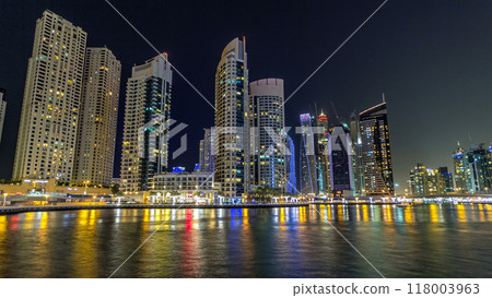 Dubai Marina towers and canal in Dubai night timelapse hyperlapse 118003963