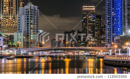 Dubai Marina towers and canal in Dubai night timelapse 118003988