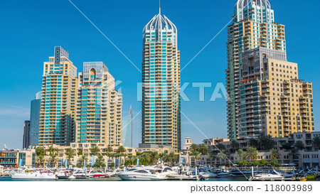 Dubai Marina towers and canal in Dubai timelapse hyperlapse 118003989