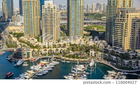 Aerial view timelapse of Dubai Marina at day time in Dubai, UAE 118004027