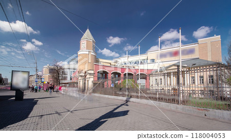 Shopping centre and cars on Zemlyanoy Val street, Sadovoye ring in Moscow timelapse hyperlapse 118004053