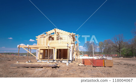 Wooden house cottage under construction timelapse hyperlapse Wooden house cottage under construction timelapse hyperlapse 118004067