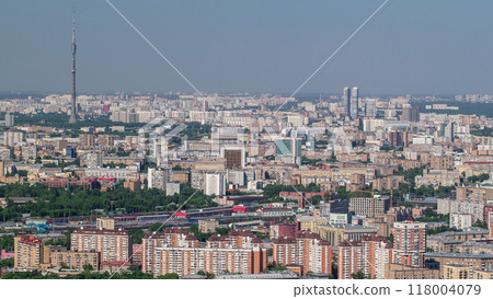 Panoramic aerial view of the buildings from the rooftop of Moscow International Business Center skyscraper timelapse, Russia 118004079