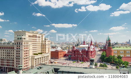 View of Manezh Square, Hotel Moscow, historical Museum and Kremlin timelapse in Moscow, Russia. 118004083