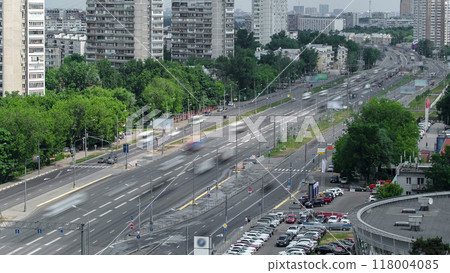 Traffic on the elevated avenue road aerial timelapse overpass on highway in a big city 118004085