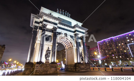 Triumphal arch in Moscow with Christmas illuminations at night timelapse hyperlapse 118004104