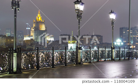 building of ministry of internal affairs winter night timelapse, Moscow, Russia 118004109
