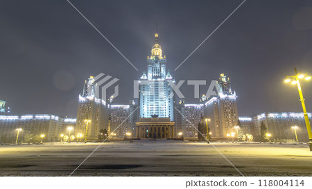 The Main Building Of Moscow State University On Sparrow Hills At Winter timelapse hyperlapse at Night The Main Building Of Moscow State University On Sparrow Hills At Winter timelapse hyperlapse at Night 118004114