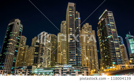 Dubai Marina towers and yachts in Dubai at night timelapse hyperlapse Dubai Marina towers and yachts in Dubai at night timelapse hyperlapse 118004139