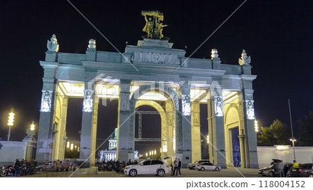 Gate and columns of entrance to All-Russia Exhibition Centre timelapse hyperlapse. Gate and columns of entrance to All-Russia Exhibition Centre timelapse hyperlapse. 118004152