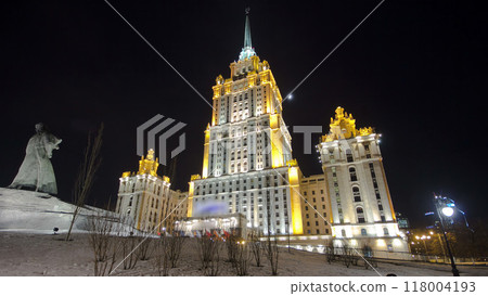 Hotel Ukraine winter night timelapse hyperlapse with bridge over Moscow River. 118004193