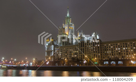 Night view of the Kotelnicheskaya Embankment Building hyperlapse in Moscow timelapse, Russia. 118004209