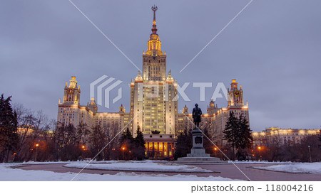 The Main Building Of Moscow State University On Sparrow Hills At Winter timelapse day to Night 118004216