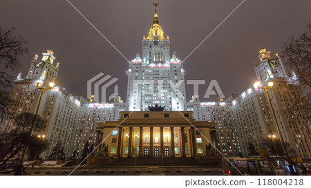 The Main Building Of Moscow State University On Sparrow Hills At Winter timelapse hyperlapse at Night 118004218