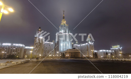 The Main Building Of Moscow State University On Sparrow Hills At Winter timelapse hyperlapse at Night 118004219