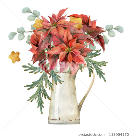 Red poinsettia flowers, gold star baubles, juniper eucalyptus. Watercolor hand drawn illustration, vase bouquet isolated on white. Xmas, happy new year festive noel navidad holiday. Florist, wedding. Red poinsettia flowers, gold star baubles, juniper eucalyptus. Watercolor hand drawn illustration, vase bouquet isolated on white. Xmas, happy new year festive noel navidad holiday. Florist, wedding. 118004370