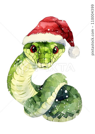 A snake by the Christmas tree wearing a Santa Claus hat, New Year's Eve 2025 118004399