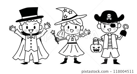 穿著萬聖節服裝的兒童的線條畫插圖 118004511