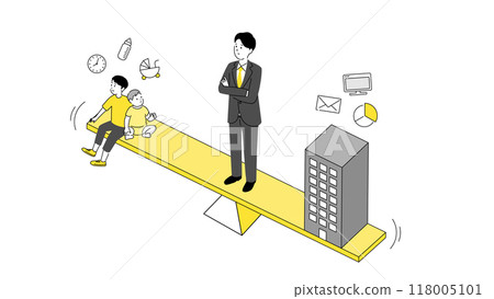 平衡家庭和工作的形象的插圖，一位年輕的父親站在秤上，向量圖 118005101